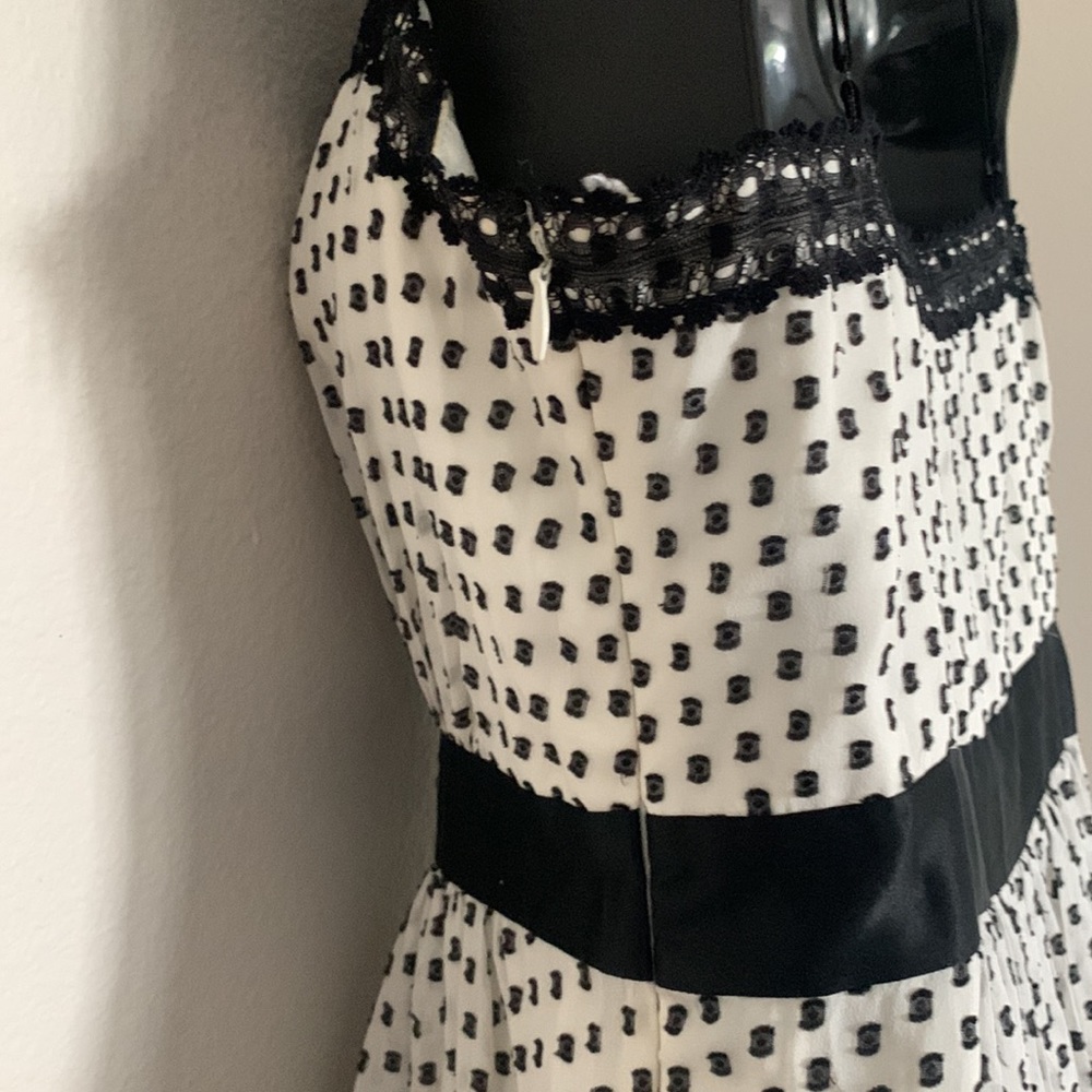 BCBG Vintage Retro Gothic Style Polka Swiss Dot Black and White Brooch Dress - Picture 9 of 11